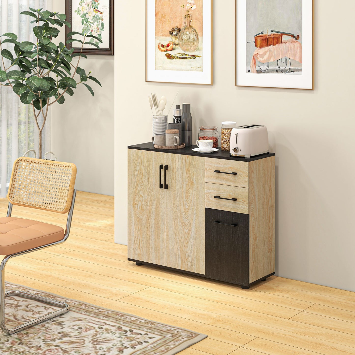 Sideboard – Dressoir – Opbergkast – Kast – Buffet – Natuurlijk Zwart – 90x30x75,5 cm – MDF Met Houtnerfafwerking – Verstelbare Plank & 3 Lades