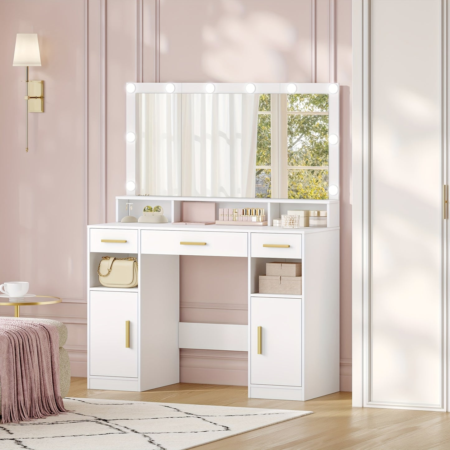 Kaptafel – Make-uptafel – Toiletmeubel – Schminktafel – Slaapkamermeubel – Wit – Groot Spiegeloppervlak – Veel Opbergruimte met 3 Lades en 2 Kasten