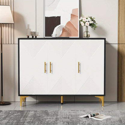 Dressoir – Opbergkast – Ladekast – Buffetkast – Sideboard – Mat Wit Gestreept – Gouden Handgrepen – Hardhout & Spaanplaat – Ruime Opbergruimte – Bohemian Design