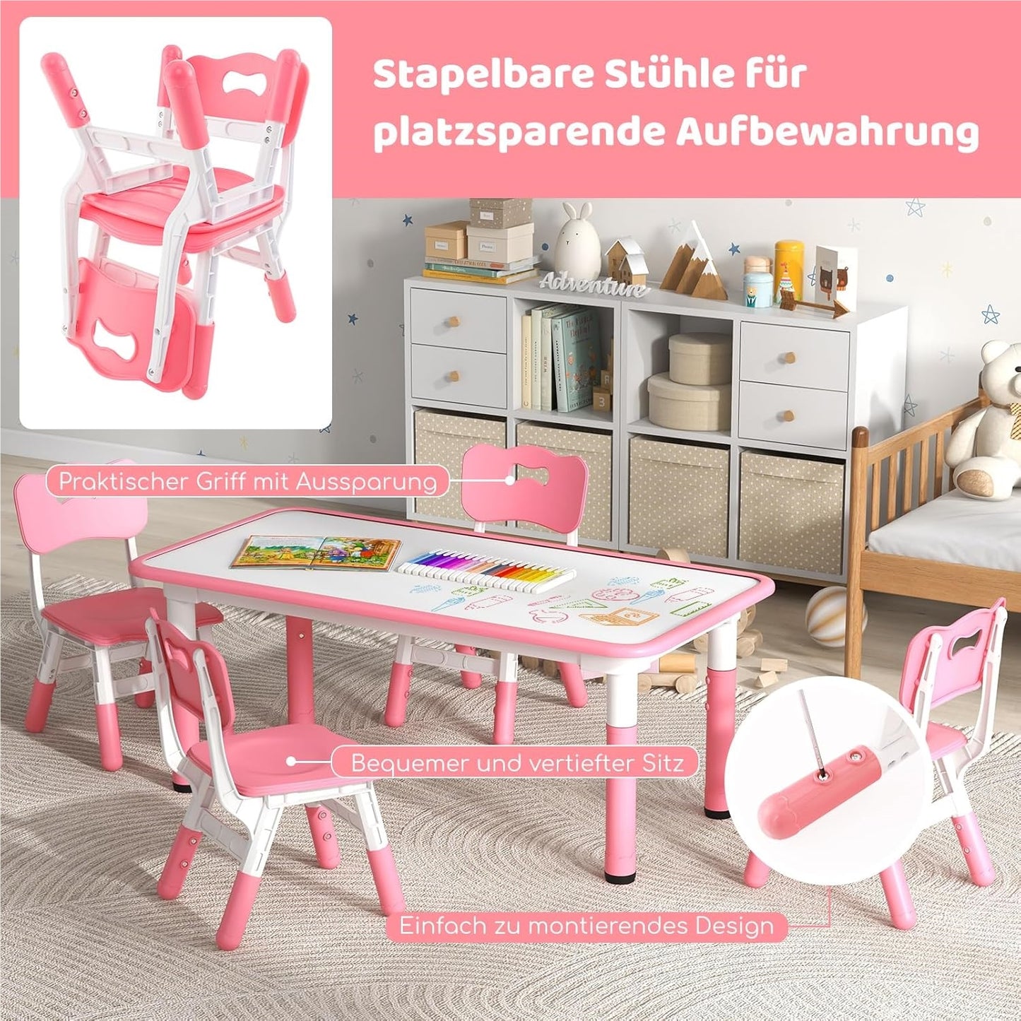 Kinder Tafel – Kindermeubelset – Speeltafel – Stoelenset – Peuter Tafel – Verstelbare Hoogte – Groot Graffiti Tafelblad – Roze