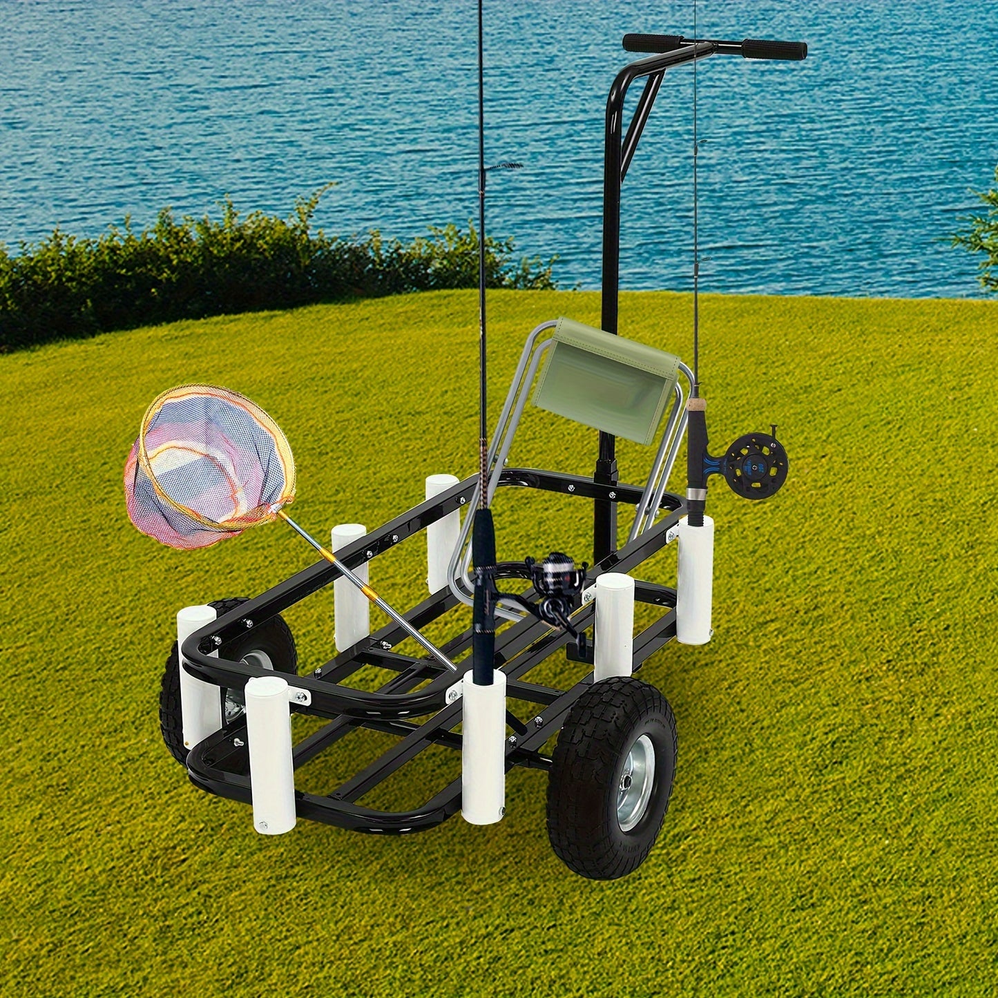 Vistuigwagen – Viswagen – Outdoor Kar – Viskar – Campingkar – Zwarte uitvoering – Hoogwaardig Koolstofstaal – Dubbele Rubber Wielen – 7 Hengelhouders – Antislip Handvat – Verstelbare Voorpoot voor Stabiliteit