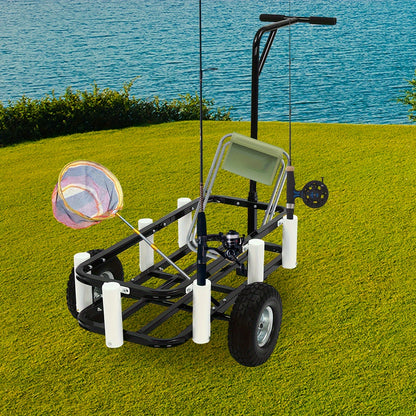 Vistuigwagen – Viswagen – Outdoor Kar – Viskar – Campingkar – Zwarte uitvoering – Hoogwaardig Koolstofstaal – Dubbele Rubber Wielen – 7 Hengelhouders – Antislip Handvat – Verstelbare Voorpoot voor Stabiliteit