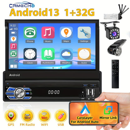 CAMECHO 1+32G Android Auto & Android 7.1 Car Stereo - 17.78cm Retractable Touchscreen Single DIN GPS/Wifi/Wireless, Wireless FM RDS Radio, Mirror Link, Steering Wheel Control, External Storage for Smartphones/Tablets (CarPlay
