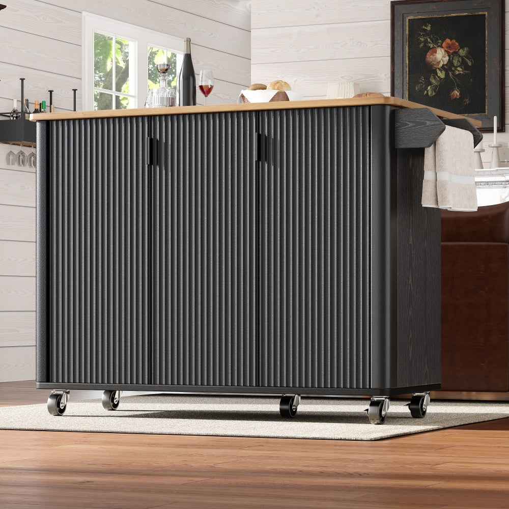 White/Black Modern Extendable Kitchen Island & with Adjustable Shelves, Spice Rack, Towel Rail - Heavy-Duty Metal Frame Trolley, 3-Door Closed Shelving, Space-Saving Expandable Design (130x45x92cm) for Small/Large Kitchens