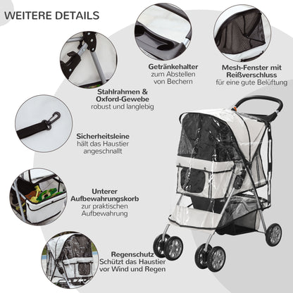 Hondenbuggy – Hondenwagen – Wandelwagen – Dierenwagen – Buggy voor Kleine Honden – Grijs – Inklapbaar Frame – Waterafstotende Hoes – 75x45x97 cm – Twee Bekerhouders