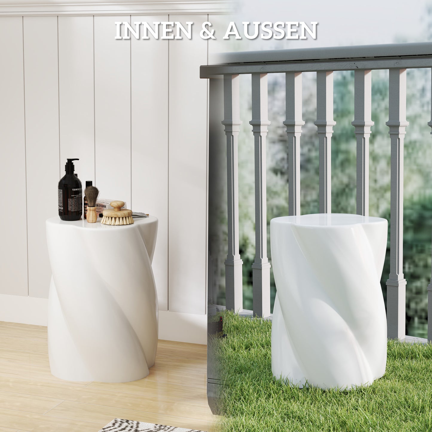 Keramische Kruk – Tuinstoel – Bijzettafel – Voetenbank – Opbergkruk – Wit – Weerbestendig Keramiek – 33x45 cm, Spiral Design, Draagvermogen 120 kg
