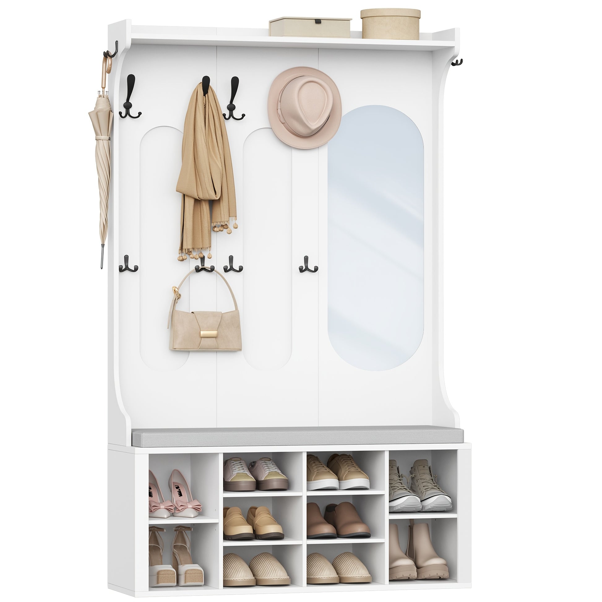Coat Rack with Shoe Bench, Wardrobe with Mirror, Shoe Storage, 10 Hooks, Adjustable Shelves, Freestanding, for Entrance Area, Hallway, 35.5 X 100 X 185cm, White,  Hallway Storage, Freestanding Wardrobe, Sleek Design, Shoe Ben - QUORE