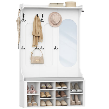 Coat Rack with Shoe Bench, Wardrobe with Mirror, Shoe Storage, 10 Hooks, Adjustable Shelves, Freestanding, for Entrance Area, Hallway, 35.5 X 100 X 185cm, White,  Hallway Storage, Freestanding Wardrobe, Sleek Design, Shoe Ben - QUORE