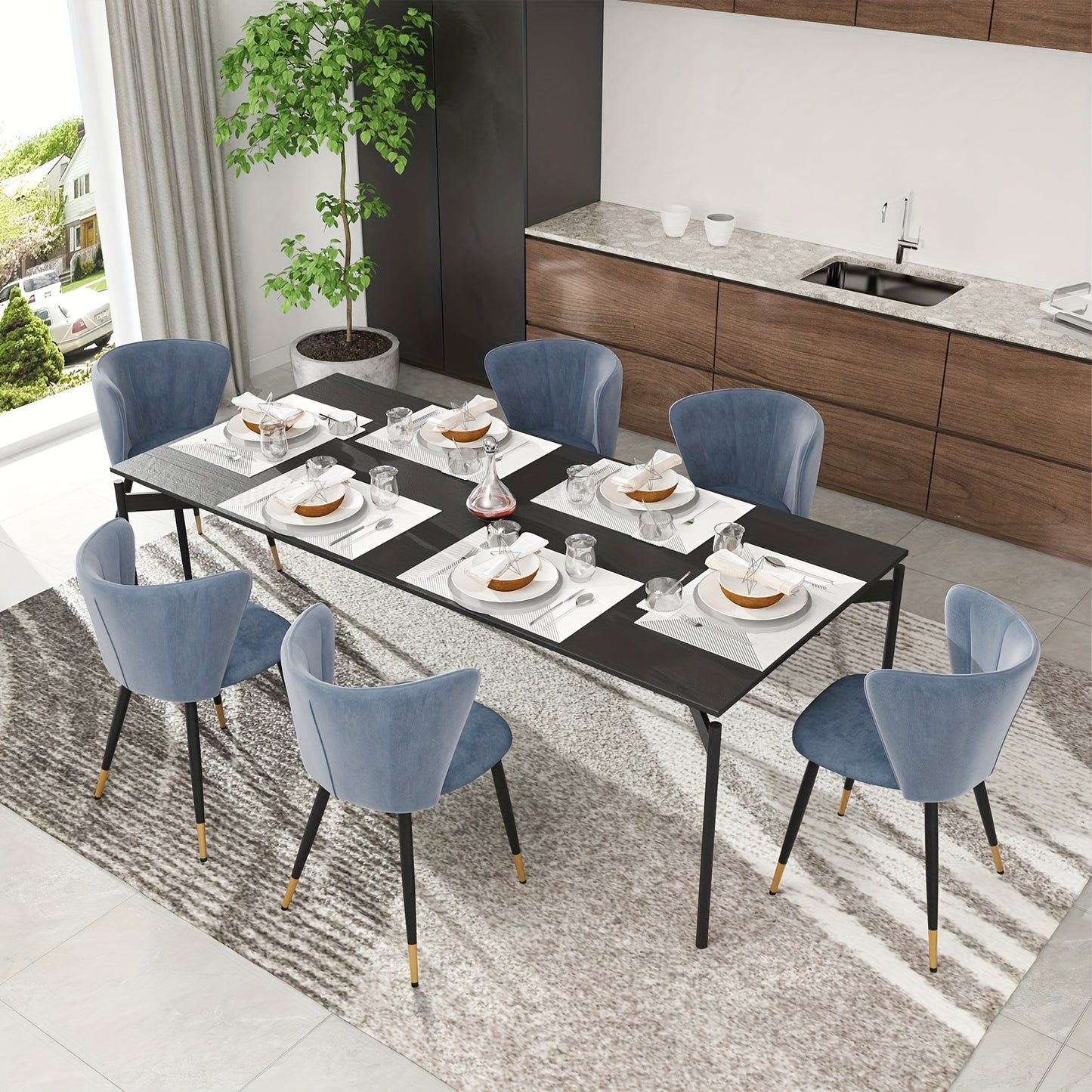 Set van 2 Ergonomische Fluwelen Eetkamerstoelen – Blauwe Stoelen met Zachte Bekleding en Metalen Poten – Grote Rugleuning, Elegant Ontwerp, Geen Montage Nodig – Perfect voor Thuis of Restaurant