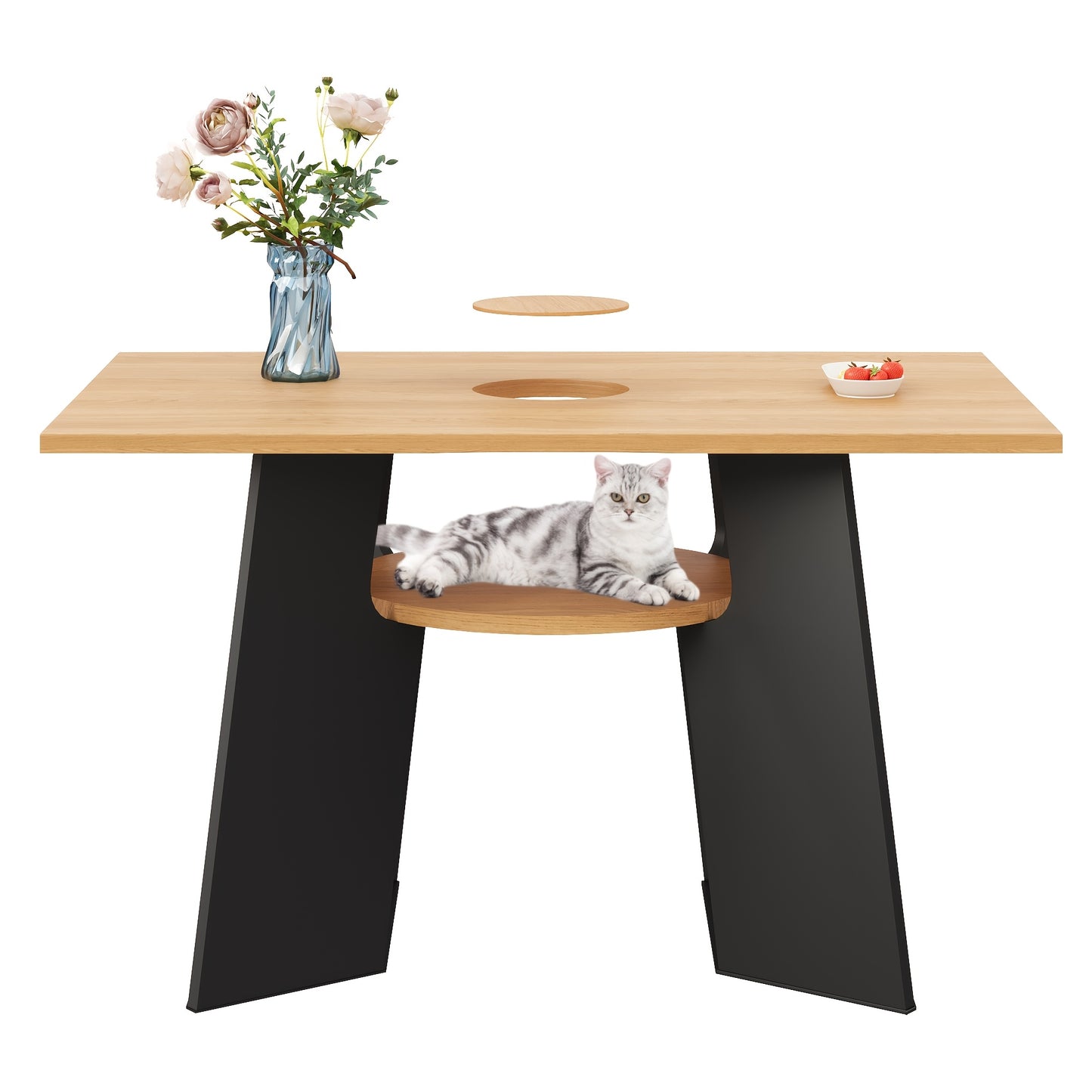 Pet-Friendly Modern Dining Table with Storage Shelves & Pet Area - Heavy-Duty Metal Frame, Natural Wood Grain & Black Contemporary Design, Space-Saving Rectangular Kitchen Table for 6, Easy Assembly, Durable & Easy-Clean Surf