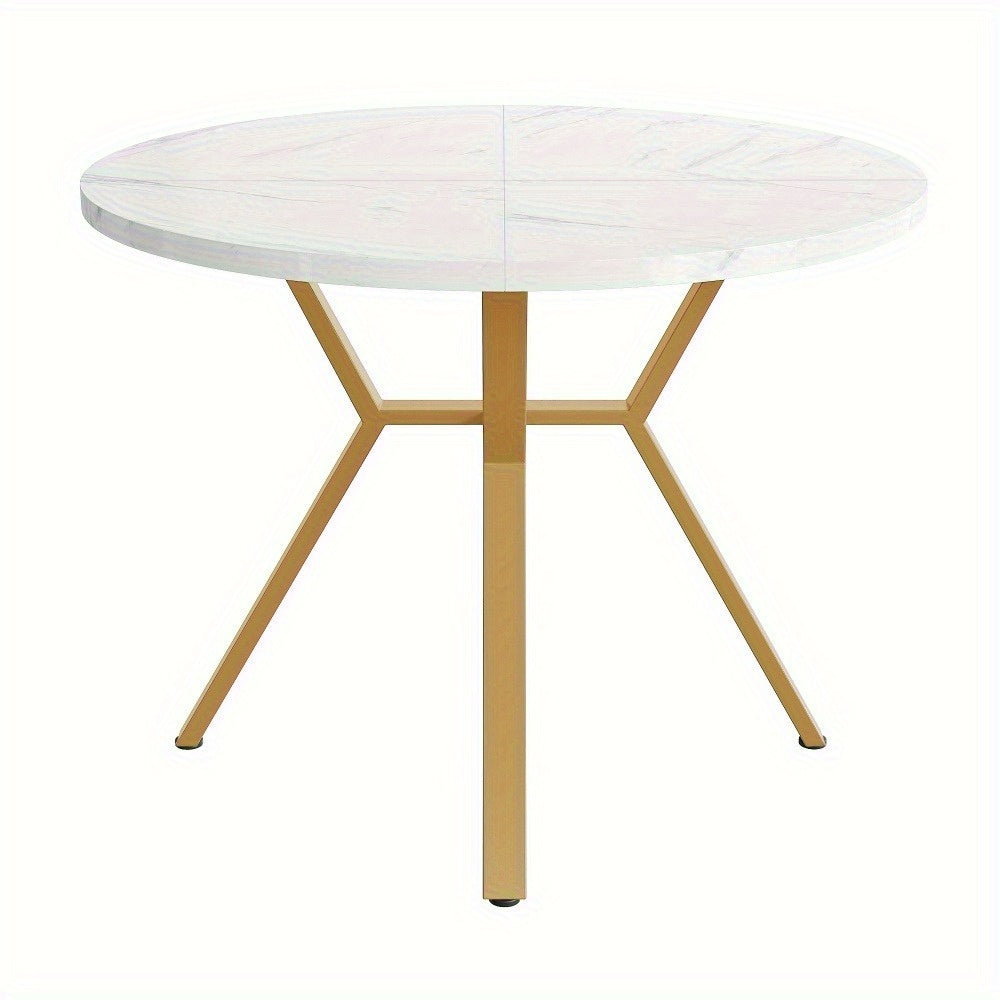 Eettafel – Dinertafel – Keukentafel – Ronde Tafel – Tafeltje – 1 Meter Diameter – Wit-Grijs Marmeren Blad – Stevige Metalen Poten