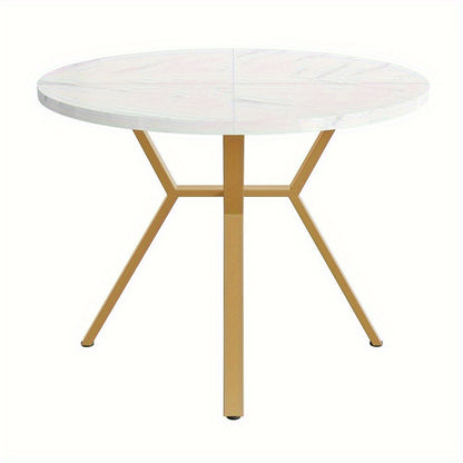 Eettafel – Dinertafel – Keukentafel – Ronde Tafel – Tafeltje – 1 Meter Diameter – Wit-Grijs Marmeren Blad – Stevige Metalen Poten