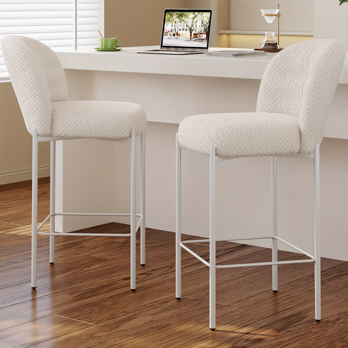 Barstoel – Barkruk – Barkrukken – Barstoel Met Rugleuning – Keukenstoel Set Van 2 – Modern Design – Zacht Gewatteerd Beige Kussen – Stabiel Wit Metalen Frame