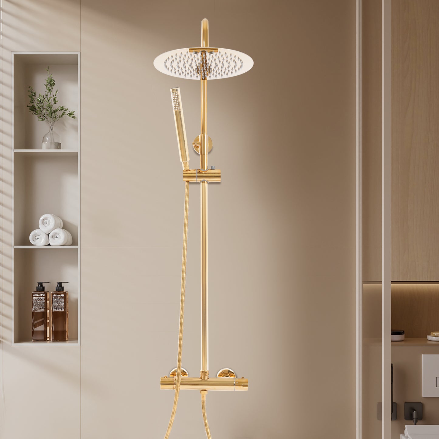 Thermostatisch Douche Systeem – Thermostaatkraan – Regendouche – Handdouche – Doucheset – Modern Goud – Verstelbare Hoogte 90-100 cm – Veilig Tegen Verbranding