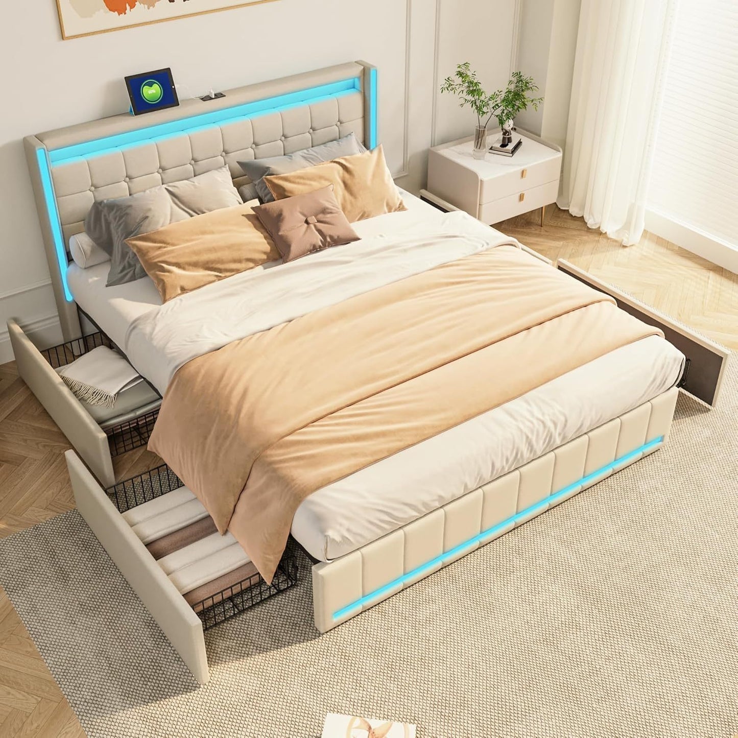 YCZ Bed Frame with Storage Space, Double Headboard Upholstered Bed with LED and USB, Storage Bed with 4 Drawers and Mattress, for Adults, BCDE