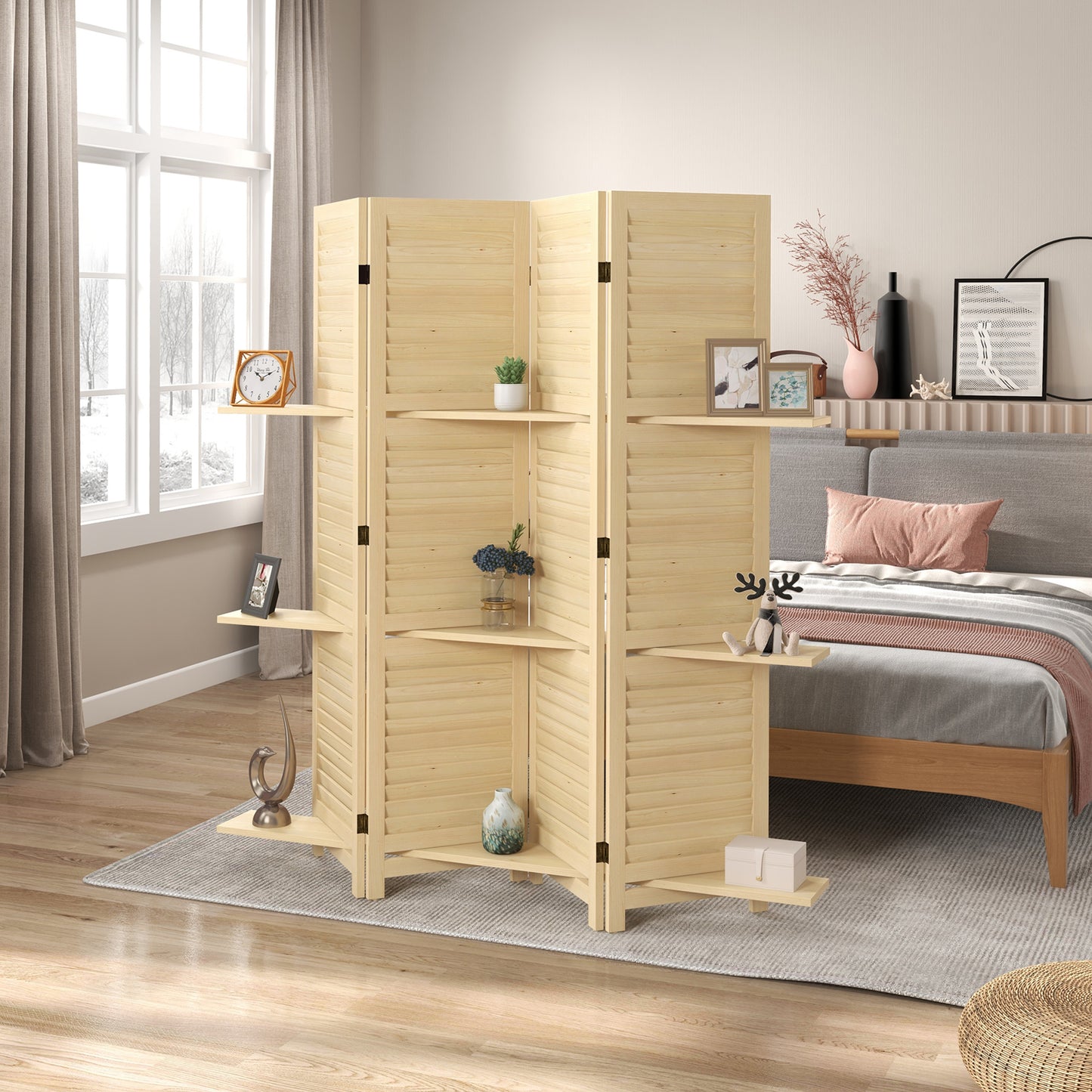 Kamerscherm – Roomdivider – Scheidingswand – Paravent – Kamerverdeler – 4 Panelen – Paulownia Hout – 3 Planken – Inklapbaar – Natuurlijke Houtkleur