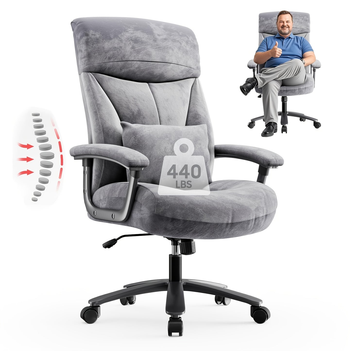 Ergonomische Bureaustoel – Bureaustoel – Werkstoel – Computerstoel – Bureaukruk – XXL Breed Zitvlak – Metalen Frame – Hoge Rugleuning – Lendensteun – Grijs S