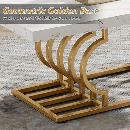 Salontafel – Koffietafel – Bijzettafel – Woonkamertafel – Lounge tafel – Wit & Gouden Design – Extra Lang 120 cm – MDF Tafelblad Met Faux Marmer Laminaat