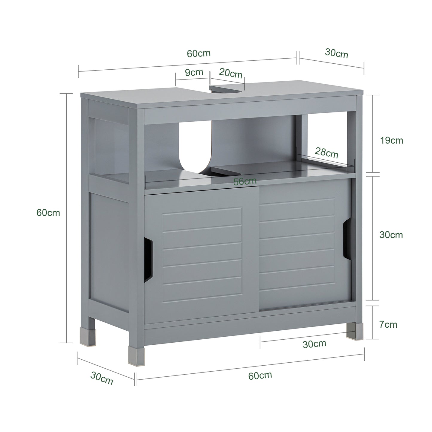 Badkameronderkast – Badkamerkast – Wastafelonderkast – Opbergkast – Kastje – Compact – MDF Met Voetjes – 60x61x30 cm – Grijs Steel