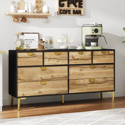 Dressoir – Buffetkast – Opbergkast – Sideboard – Commode – 8 Laden – Vrijstaand – Modern Design – Donkere Deuren – Gouden Poten – Zonder Elektriciteit – Ruime Opbergruimte
