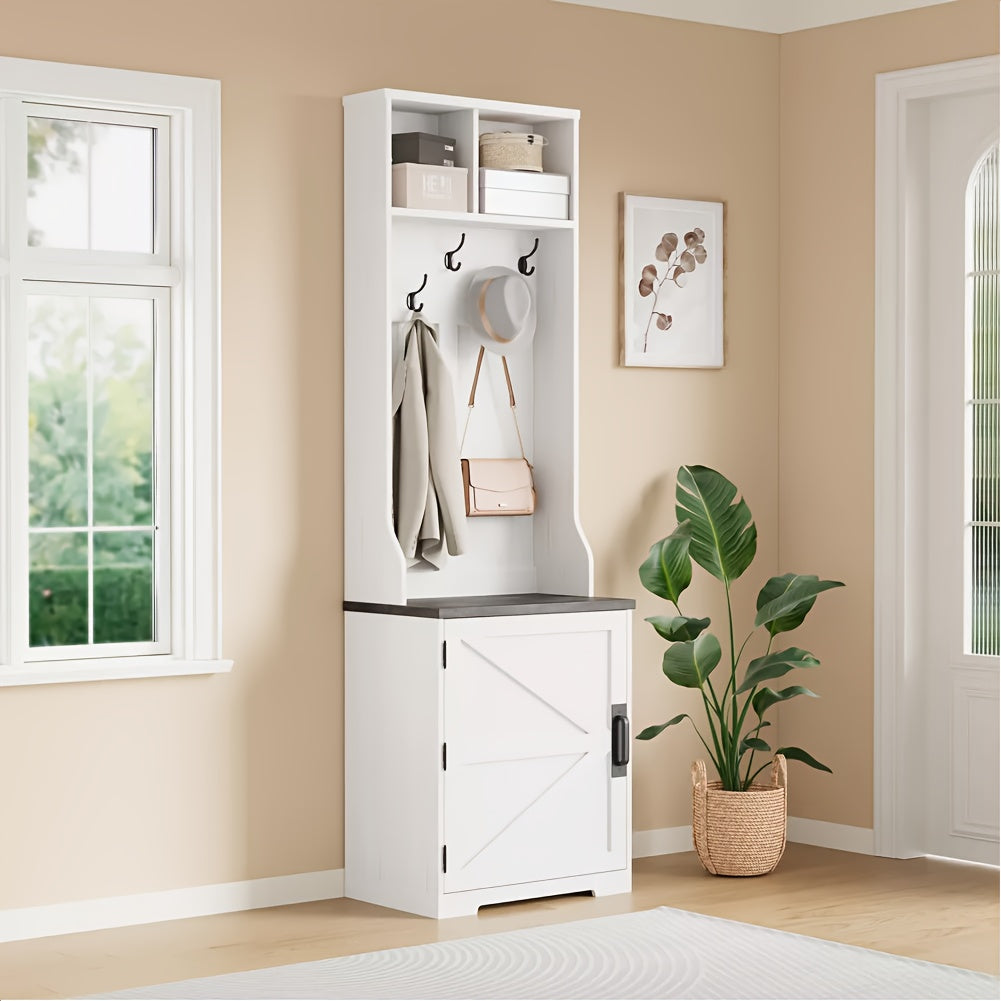 Kapstokbank – Kapstok – Halmeubel – Opbergbank – Garderoberek – Wit – 4 Haken – Comfortabel Zitkussen – Ruimtebesparend Design