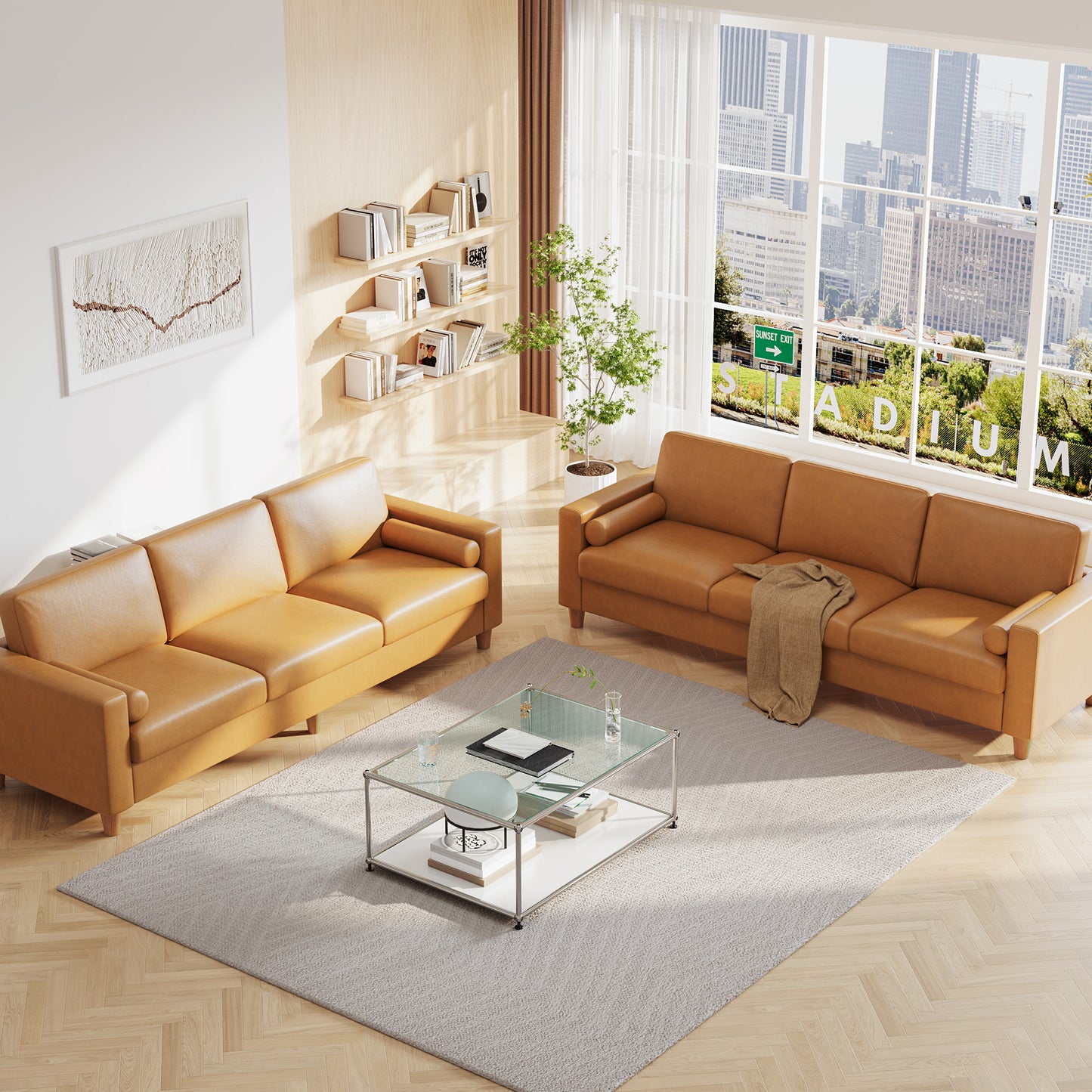 Modern 3-Seater Sofa Couch with Thick PU Leather Cushions & Pillows - -Assembly Wide, Sturdy Frame Suitable for Living Room, Bedroom, Office - Spacious Contemporary Sofa for Families & for While Back (Assembly Required)