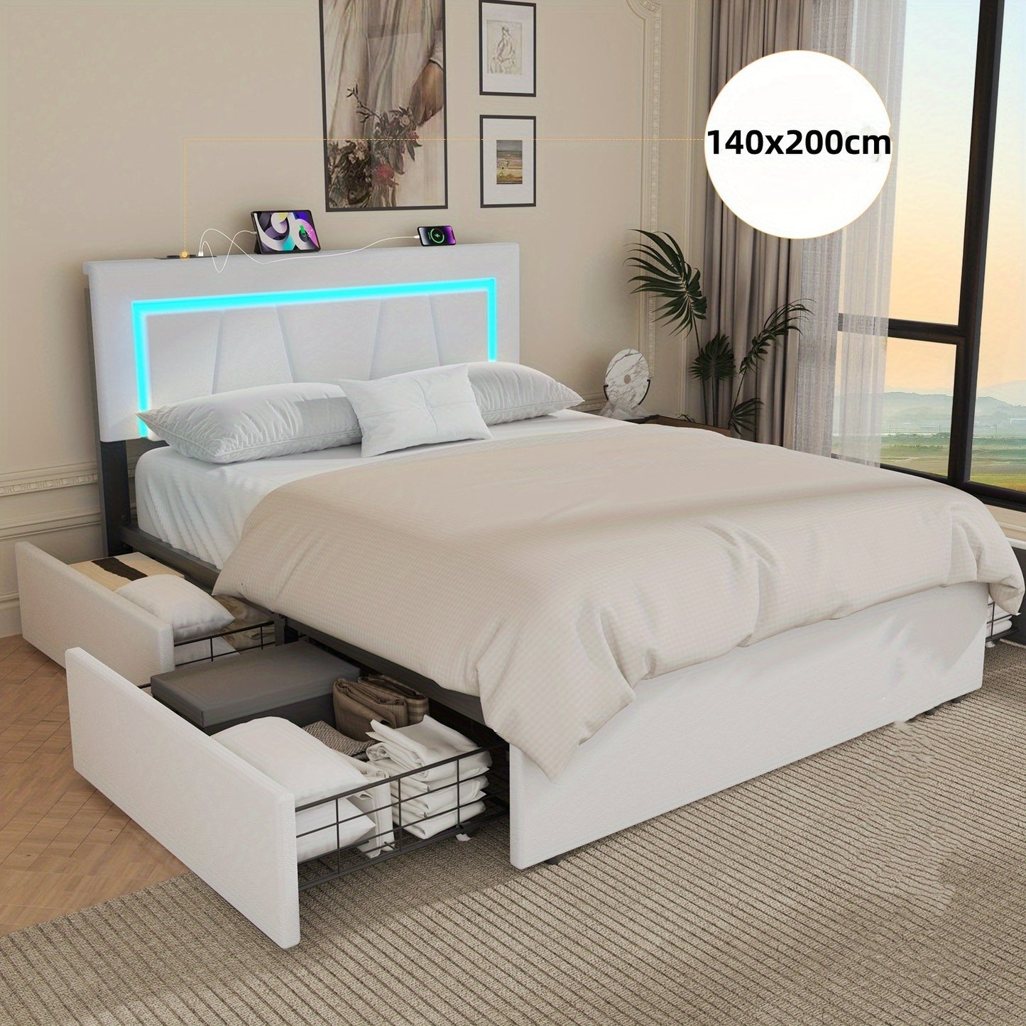 Double Bed Frame, 140x200cm Functional Upholstered Bed with LED Light And 4 Storage Drawers,, Mattress Not Included, Spacesaving Bed, Modern Bedroom Setup, Contemporary Design, Minimalist Style, Easy Assembly, Storage Bed Fra