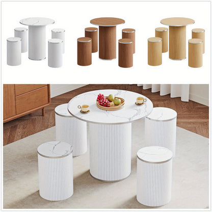 Salontafel – Koffietafel – Bijzettafel – Woonkamertafel – Tafel met Krukjes – Wit Marmer – Modern Rond Design – Compact en Praktisch