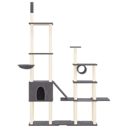 Krabpaal – Kattenklimrek – Krabplank – Krabtoon – Kattenmeubel – Donkergrijs – 279 cm Hoog – Houten Constructie Met Sisal