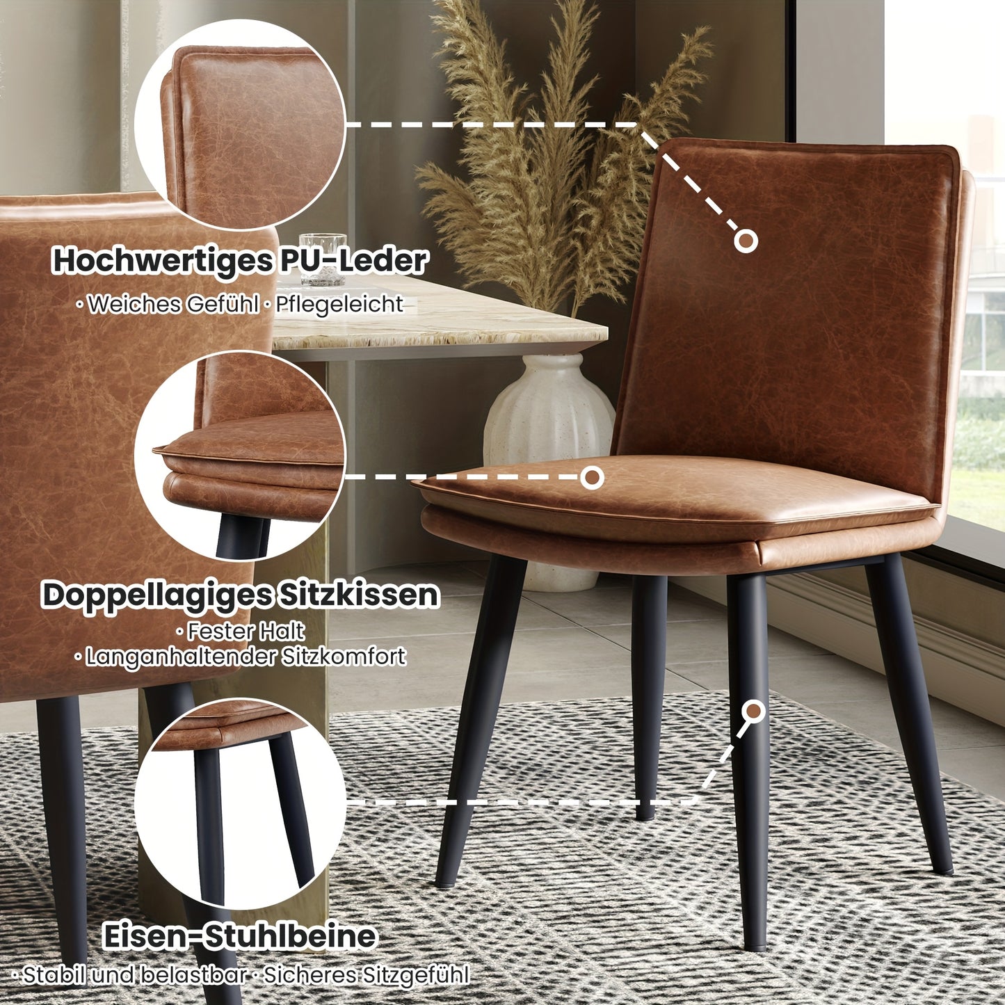 Eetkamerstoel – Stoel – Stoelset – Zitstoel – Cafestoel – Set Van 2 Grijze PU Stoelen – Dubbele Laag Kussen – Metaal Frame