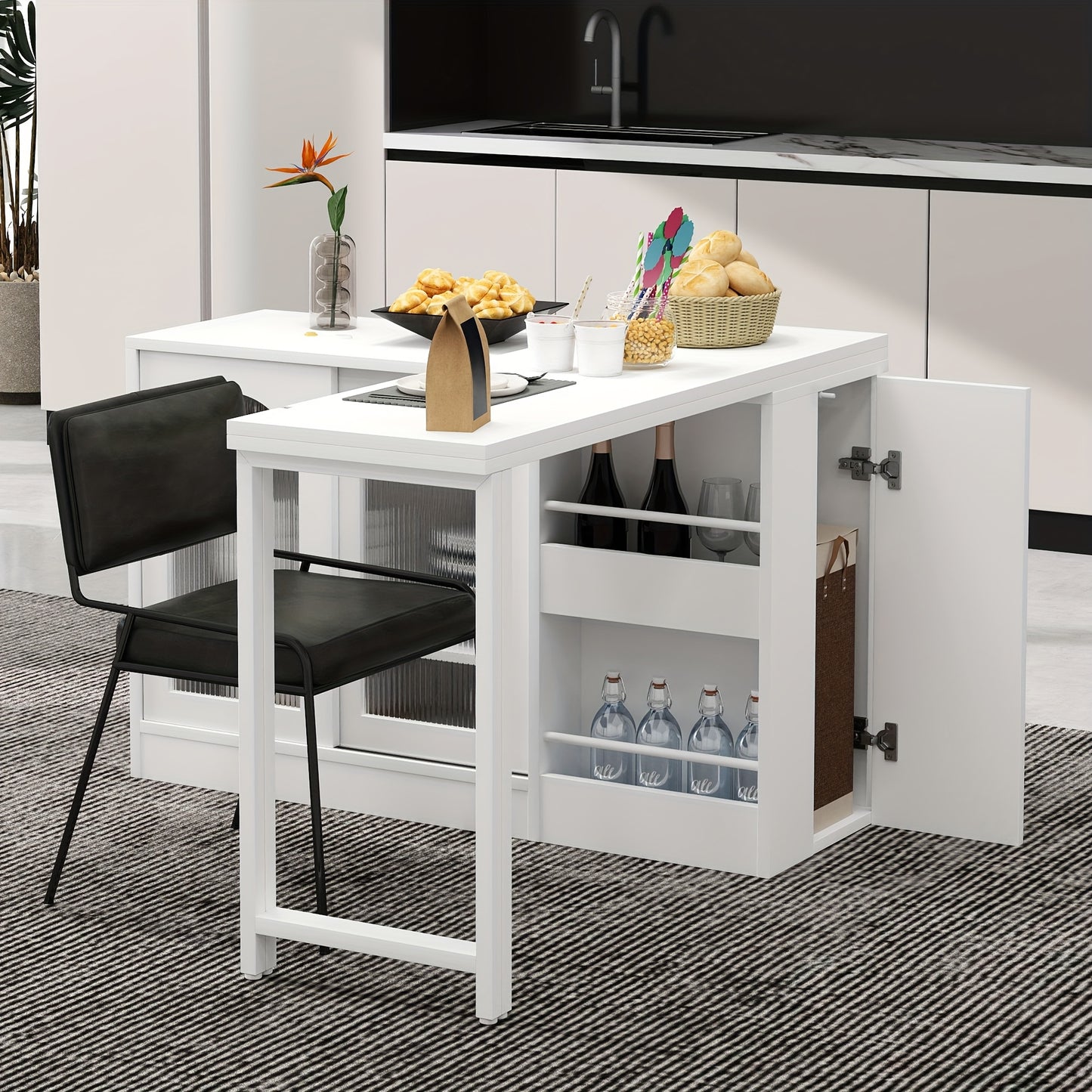 Draaibare Bartafel – Bar Tafel – Hoog Tafel – Barkeuken Meubel – Opbergtafel – Zwart – 360° Rotatie – Ruime Opbergruimte Met Glazen Deurtjes