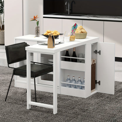 Draaibare Bartafel – Barmeubel – Eettafel – Opbergkast – Keukentafel – 360° Draaibaar – Uitschuifbaar Blad – Wit – Metalen Frame – Glazen Deuren