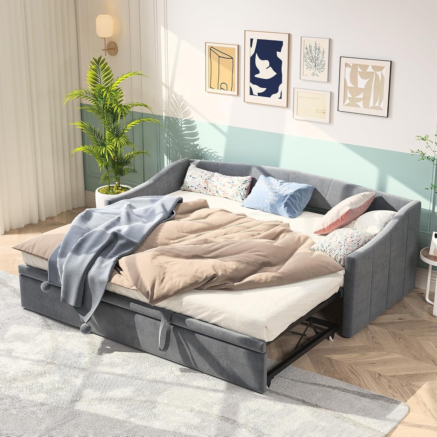 Gestoffeerd Bed – Bedframe – Éénpersoonsbed – Slaapbank – Bedframe Velvet – Grijs – Stevig Metalen Frame – 12 Houten Latten – 90x200 cm – Geen Boxspring Nodig