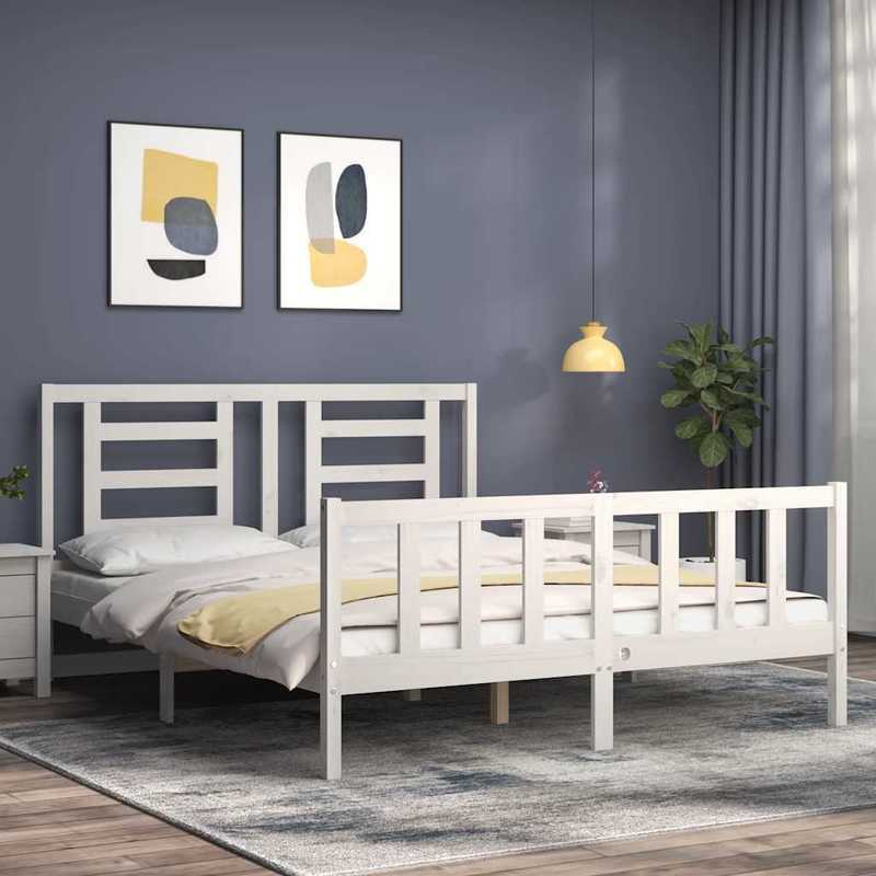 White Bed Frame Measuring 160X200 Cm, Made of Solid Pine Wood, Removable And Long-Lasting, Without a Mattress.