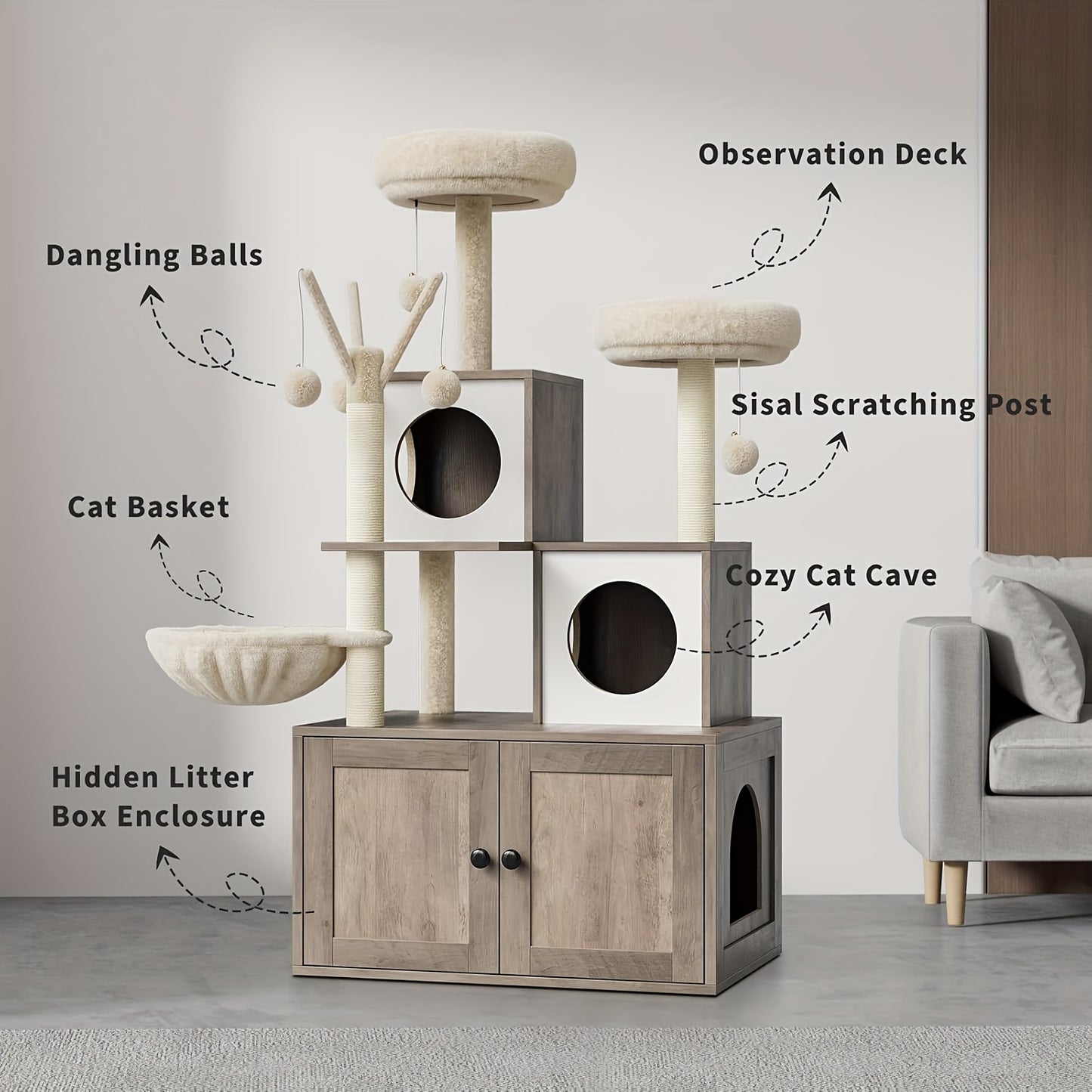 Kattenmeubel 3-in-1 – Kattenhuis – Krabpaal – Kattenboom – Kattenkraam – Multifunctioneel – Sisal Krabpaal – Opbergvakken – Grijs – Hout Met Pluche – Gemakkelijk In Elkaar Te Zetten