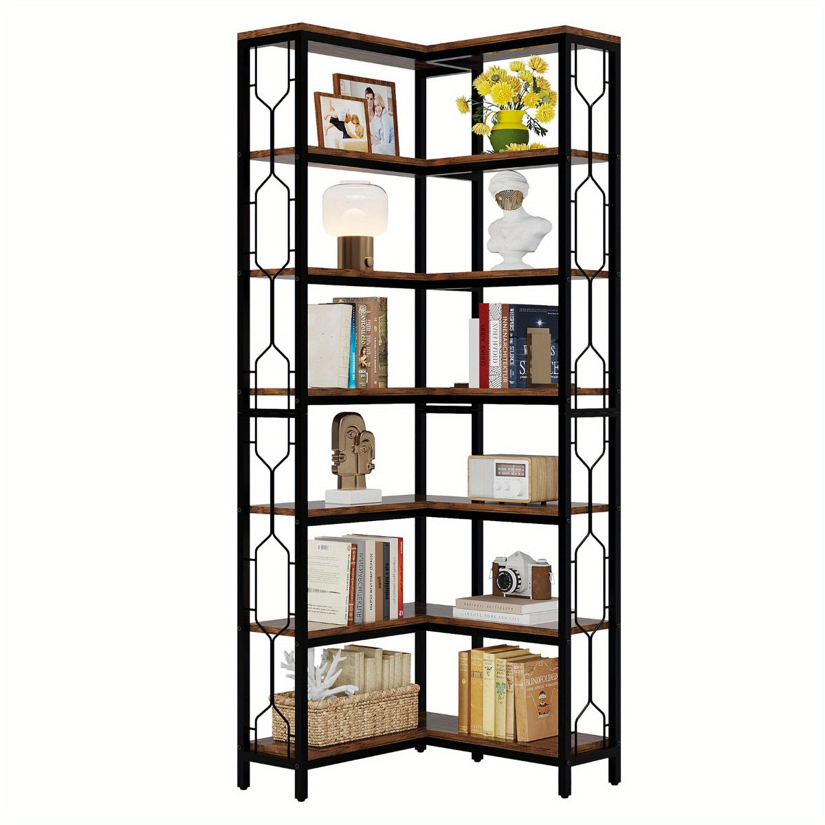 Hoekplank – Hoekrek – Boekenkast – Wandplank – Opbergkast – 7 Schappen – Hardhouten Frame Met Metalen Accenten – Eenvoudige Montage
