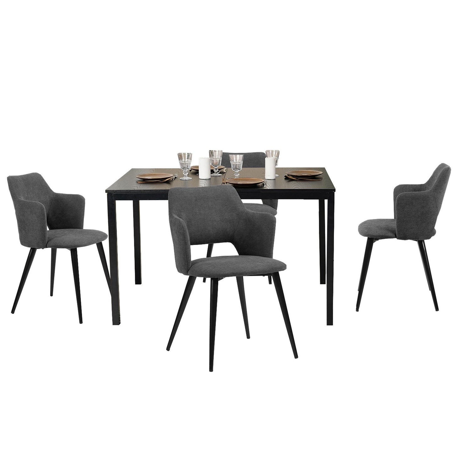 Uitbreidbare Eetkamerset – Eettafel Set – Dinerset – Keukenset – Stoelenset – Zwart Met Grijze Stoffering – Met Stalen Frame – MDF Tafelblad 160x80 cm