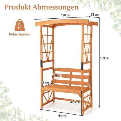 Rozenboog met Bankje – Houten Tuinboog – Klimplant Steun – Tuinbankje – Pergola – 2-Zits Bank – Weerbestendig Dennenhout – 120 x 58 x 189 cm