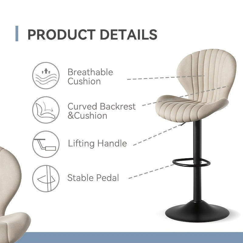 Barstoelen – Barkrukken – Barstoeltje – Keukenkruk – Bistrokruk – Set van 2 – Verstelbare Hoogte – 360° Draaibaar – Beige Kunstleer – Ergonomisch Met Rugleuning En Voetsteun