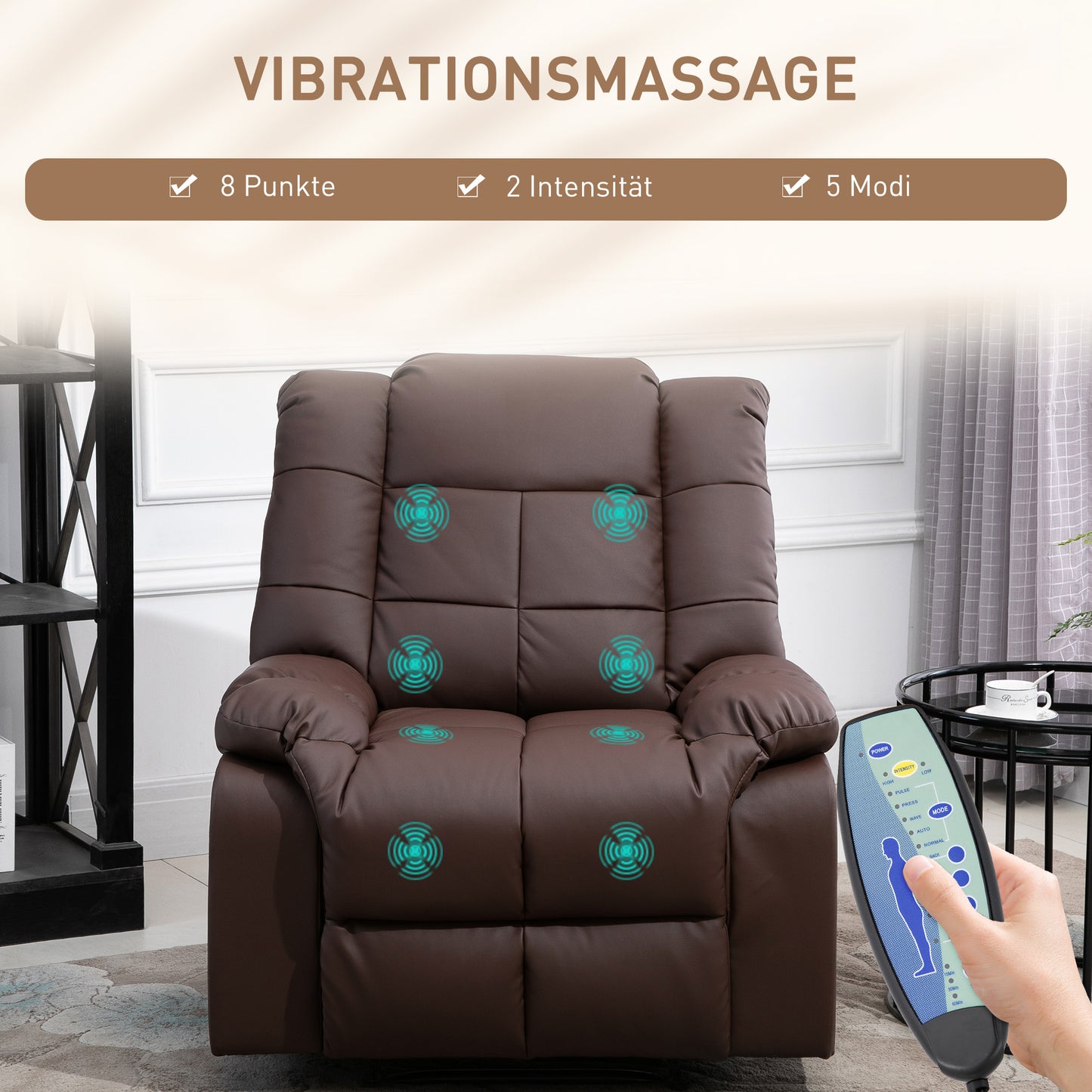 Massagestoel – Relaxstoel – Massagefauteuil – Wellnessstoel – Bruine Kunstleren Massagestoel – Compact Formaat 94x99x99 cm – Met Afstandsbediening
