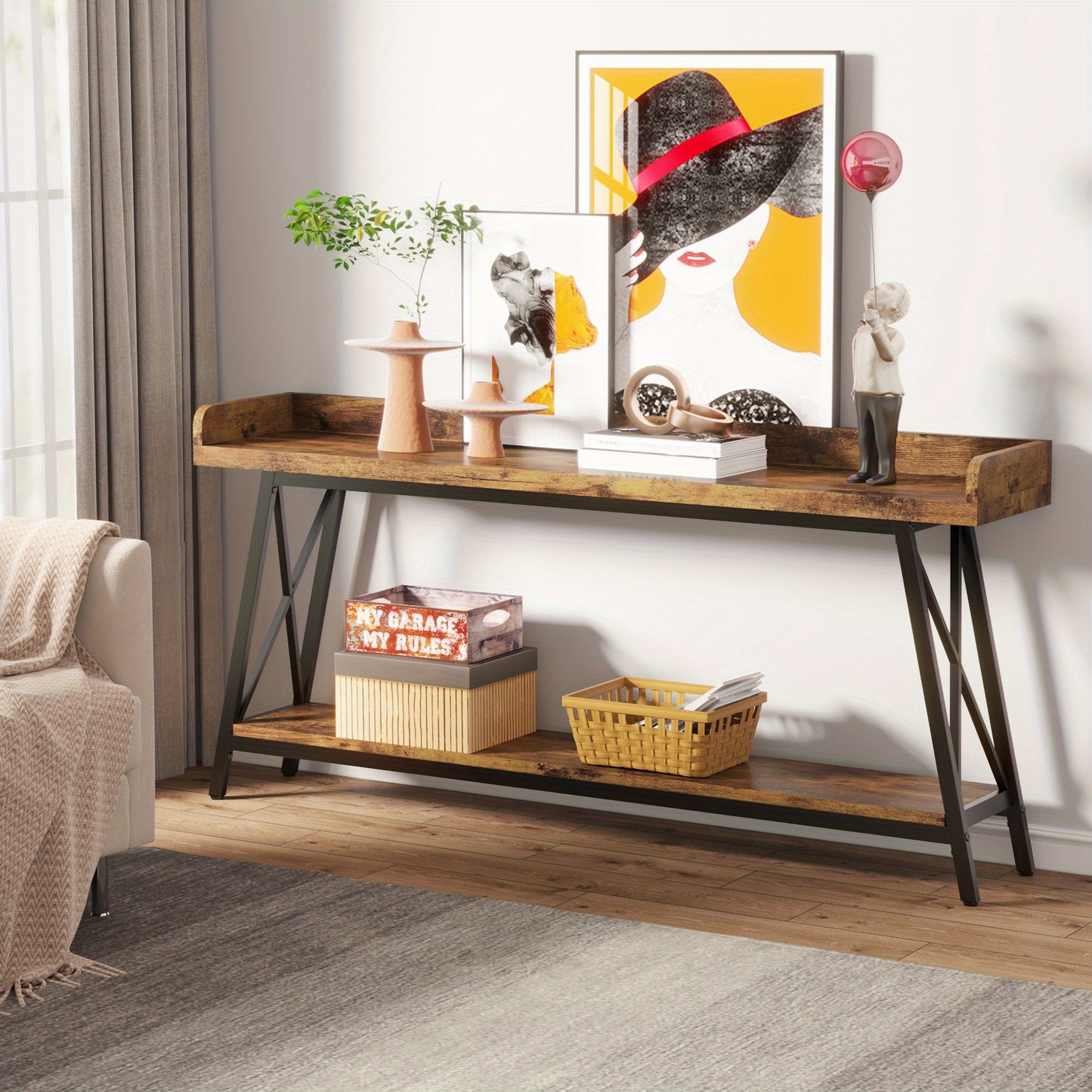 Rustieke Industrieel Sofa Console Tafel – Sidetable – Haltafel – Bartafel – Wandtafel – Bruin/Zwart – 180 cm Lang – Met Opbergruimte En Verstelbare Poten