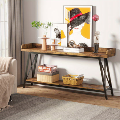 Rustieke Industrieel Sofa Console Tafel – Sidetable – Haltafel – Bartafel – Wandtafel – Bruin/Zwart – 180 cm Lang – Met Opbergruimte En Verstelbare Poten