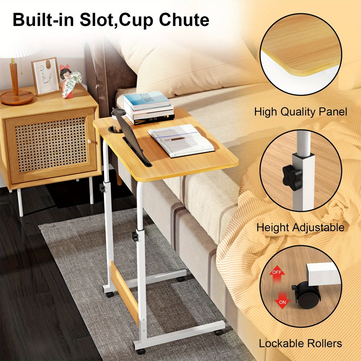 Verstelbaar Klein Bureau op Wieltjes – Laptop- en Computer Tafel 60x40 cm – Multifunctioneel Bijzettafeltje voor Bed, Woonkamer of Kantoor, Bruin