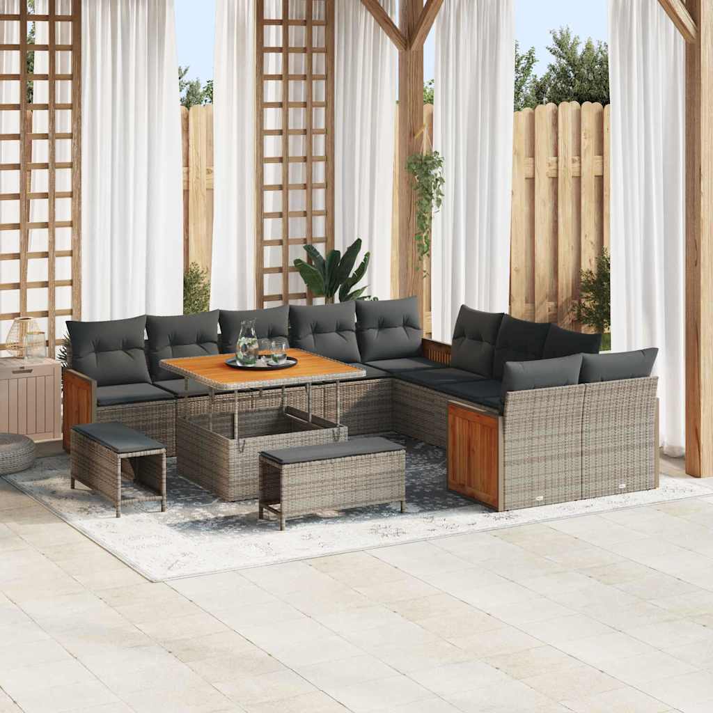 Loungeset Tuin – Loungesofa – Tuinbank – Loungeset Modular – Tuinmeubel – 5 Persoons – Weerbestendig Poly Rattan & Acaciahout – Verwijderbare Kussens Grijs/Donkergijs