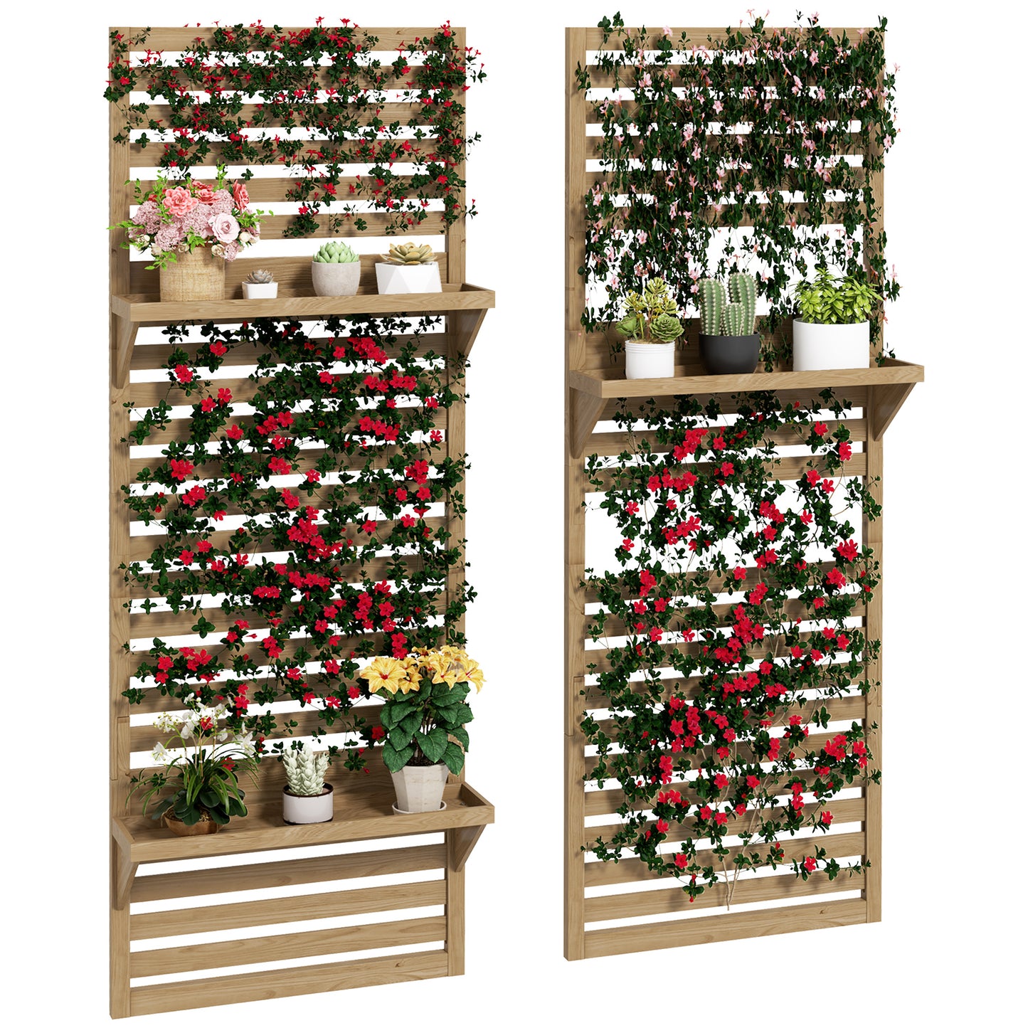 Plantenrek – Plantenstandaard – Plantentafel – Bloemenrek – Plantenzuil – Set van 2 – Houten Batterij – Met Latwerk Klimrek – Natuurlijk Hout – Voor Binnen & Buiten
