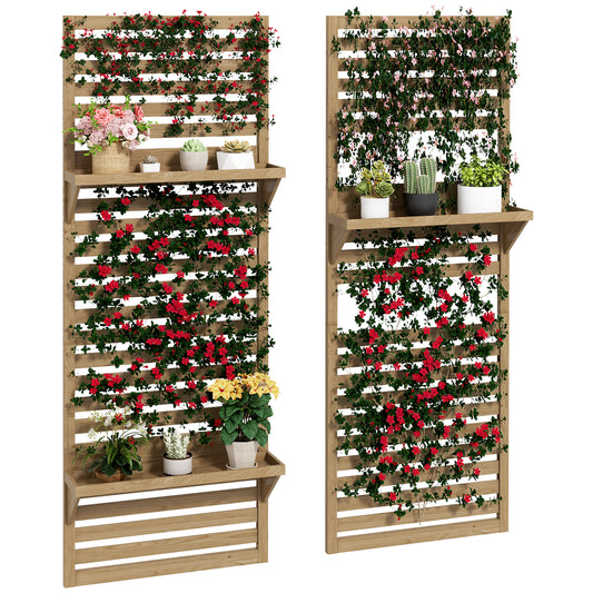 Plantenrek – Plantenstandaard – Plantentafel – Bloemenrek – Plantenzuil – Set van 2 – Houten Batterij – Met Latwerk Klimrek – Natuurlijk Hout – Voor Binnen & Buiten