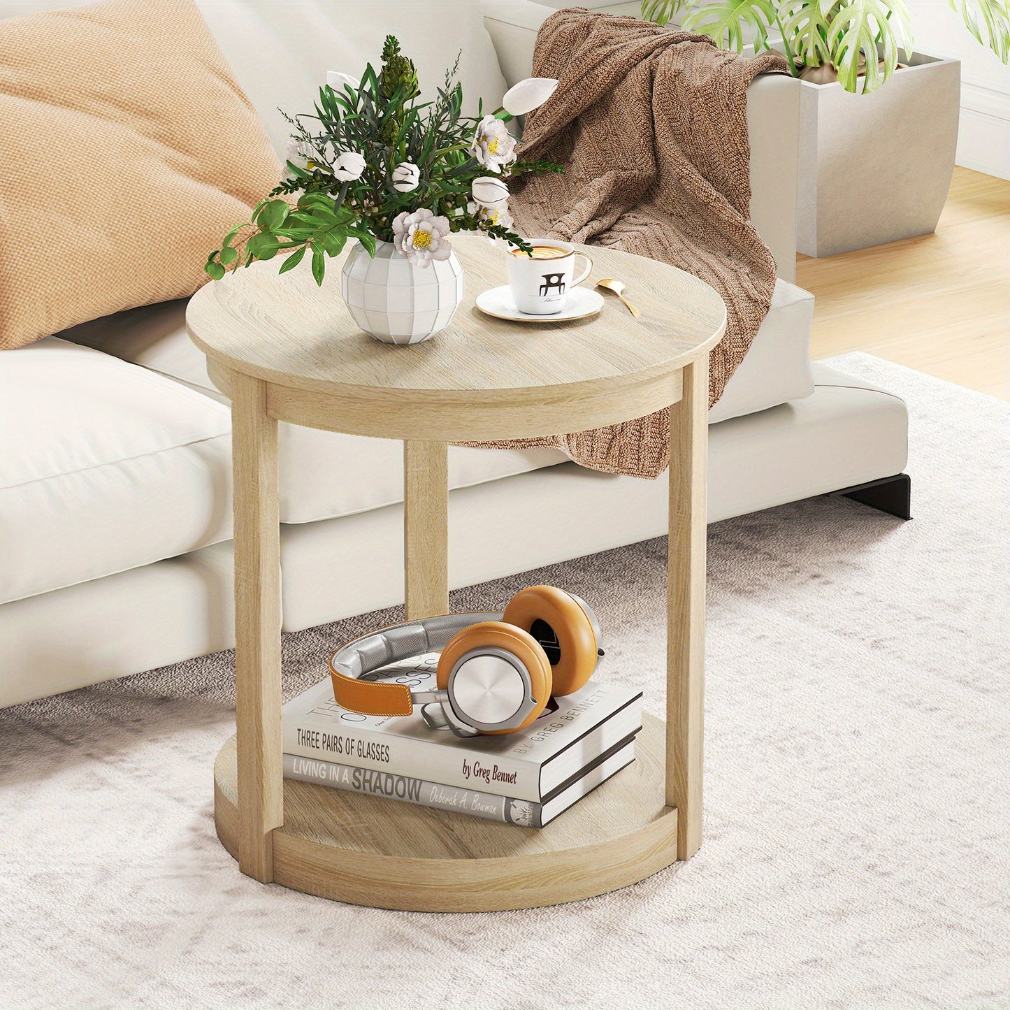 Ronde Salontafel – Koffietafel – Bijzettafel – Nachtkastje – Tafel – 2-Laags Opbergniveau – Rubberhout En MDF – Vintage Landelijke Stijl – 60,5 cm Diameter – 91 kg Draagkracht