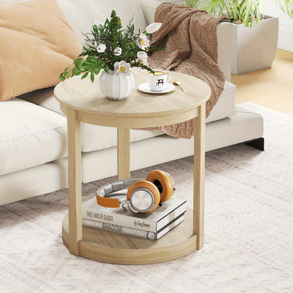 Ronde Salontafel – Koffietafel – Bijzettafel – Nachtkastje – Tafel – 2-Laags Opbergniveau – Rubberhout En MDF – Vintage Landelijke Stijl – 60,5 cm Diameter – 91 kg Draagkracht
