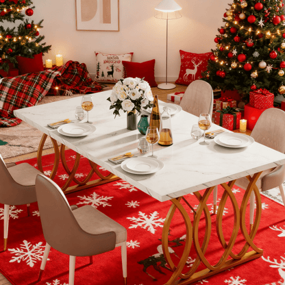 Grote Eettafel – Tafel – Eetkamertafel – Design Tafel – MDF Tafel – Wit Faux Marmer Blad – Gouden Geometrische Poten – 160 cm – Voor 4-6 Personen