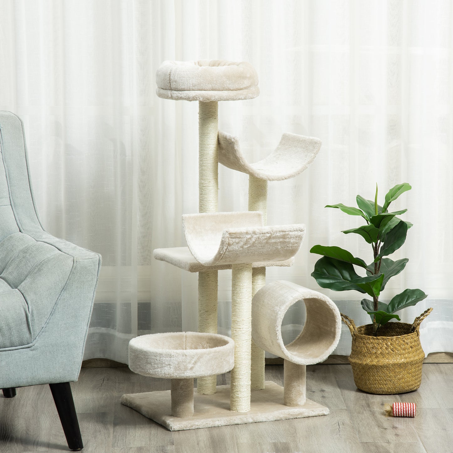 Krabpaal – Kattenboom – Klimpaal – Kattentoren – Speeltoestel – Beige – Duurzame Houten Constructie – Compact Formaat 50x40x105 cm